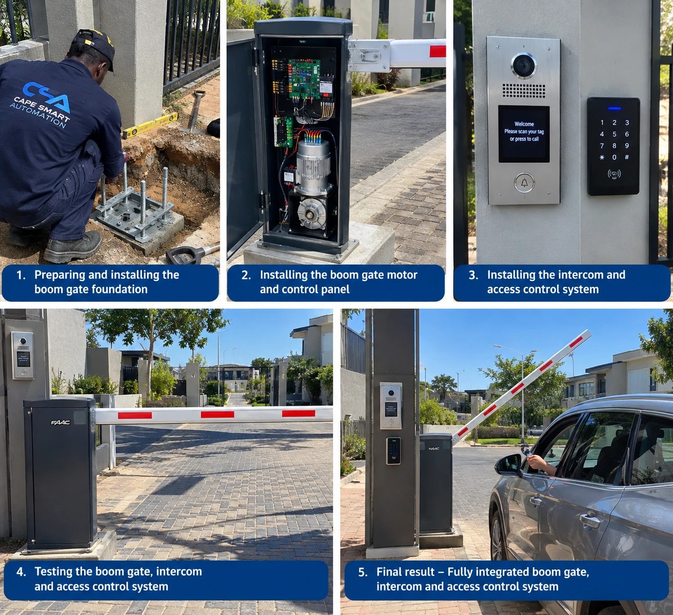 Boom gate installation process collage showing foundation preparation, the motor and control panel, intercom and access control, and system testing.
